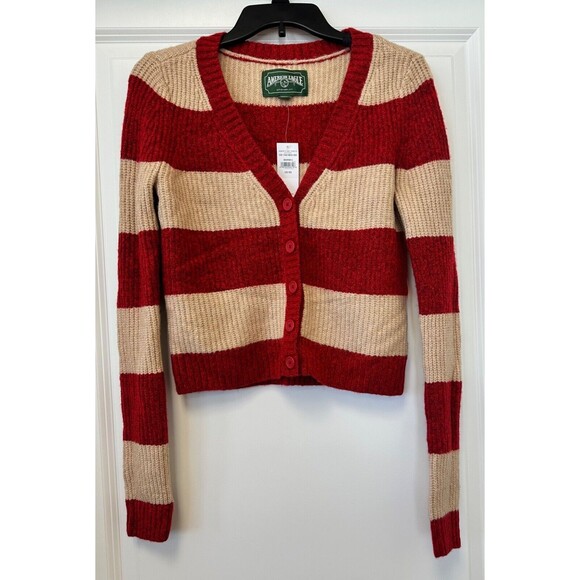 American Eagle Cardigan Womens XS Rugby Striped Cropped Red Tan Button Cozy - Picture 1 of 5